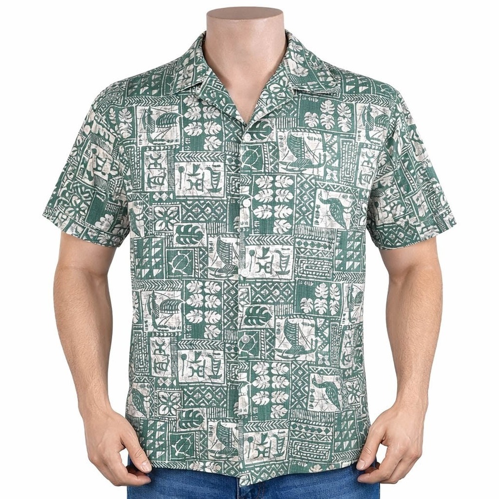 RJC Hawaiian‎ Aloha Shirt Mens Large Green Tribal Sea Turtles Nene Reverse Print